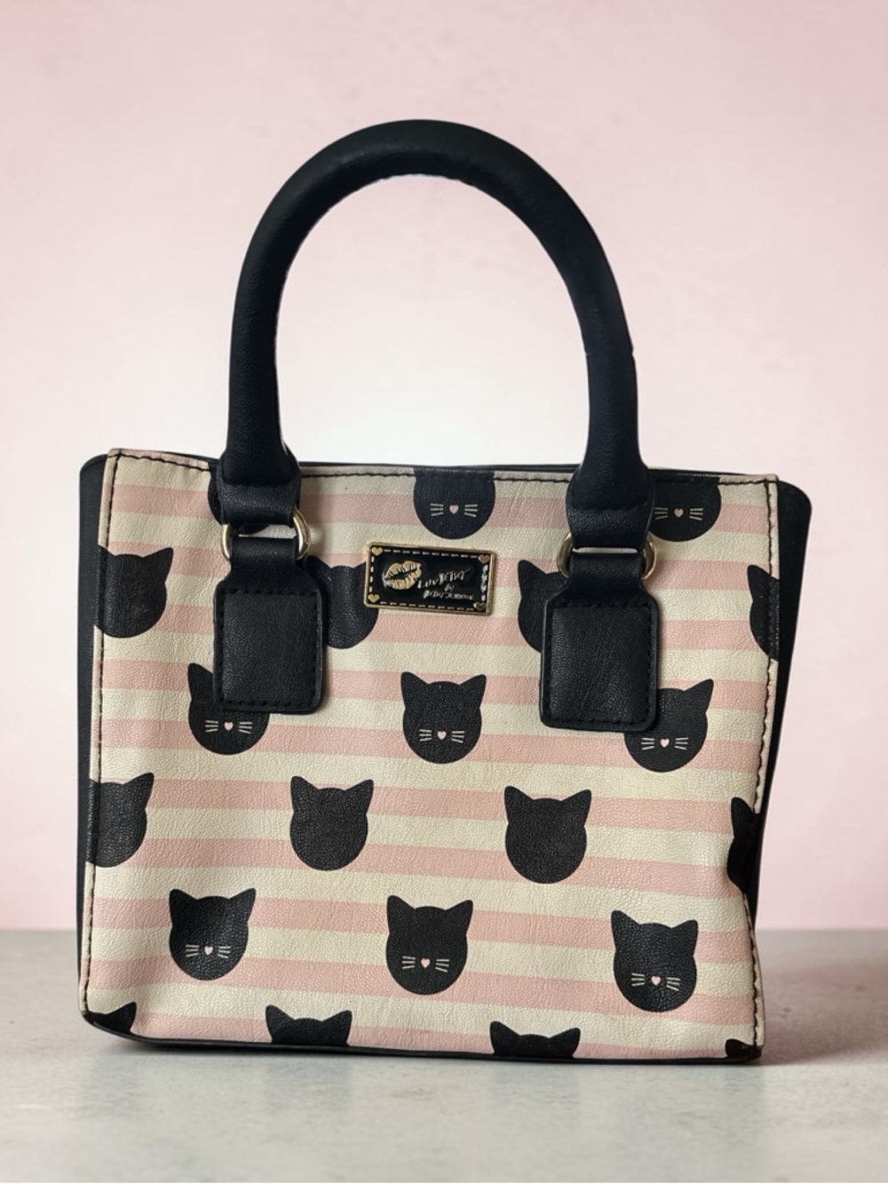 Betsey Johnson Cat Print Satchel Pink Striped Kitsch Handbag Cute Purse 🐈‍⬛💕